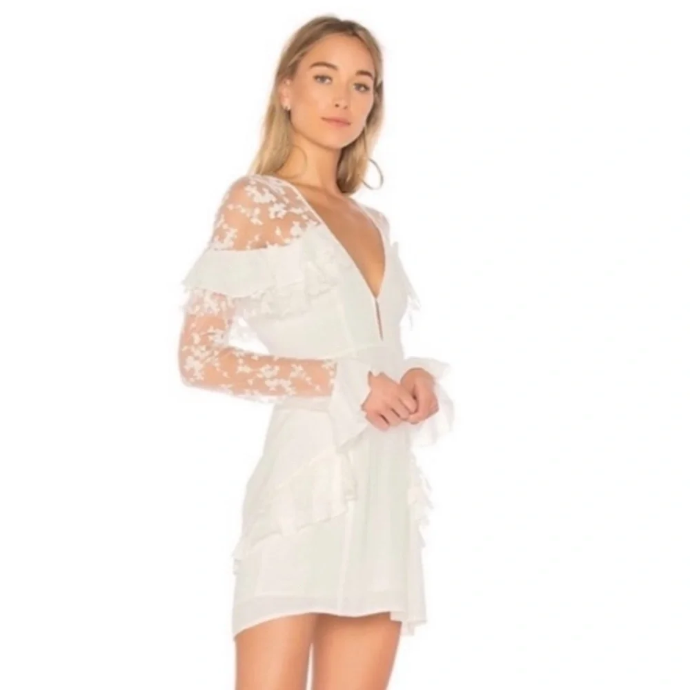For Love & Lemons Rosebud Mini Dress White Lace Embroidered Sleeve Ruffle Size S